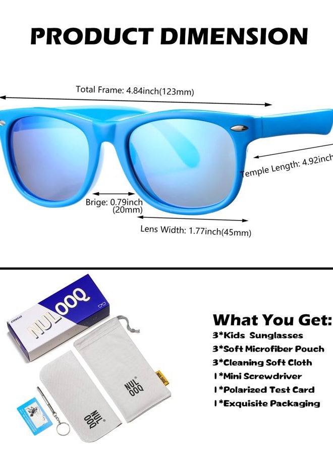 NULOOQ Kids Polarized Sunglasses for Boys Girls – TPEE Unbreakable Flexible Frame UV400 Protection Age 3-8, A2* (Black + Blue/Blue + Blue Yellow) - 3 Pack, Lenswidth - Image 4