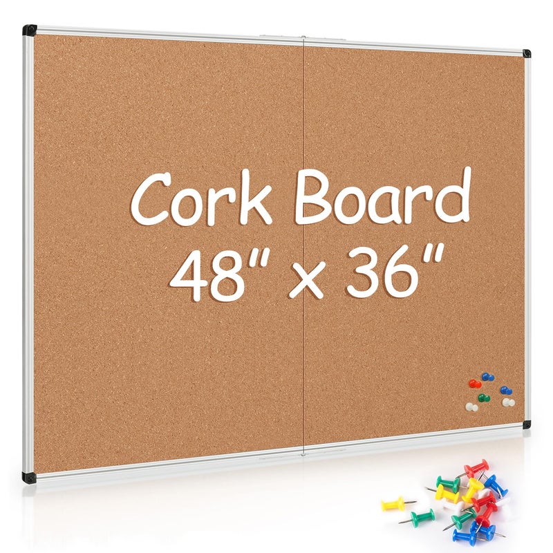 Board2by Cork Board Bulletin Board 36 x 48, Silver Aluminium Framed 4x3 Corkboard, Foldable Office Board for Wall, Large Wall Mounted Notice Pin Board with 36 Push Pins for School, Home & Office - Image 1