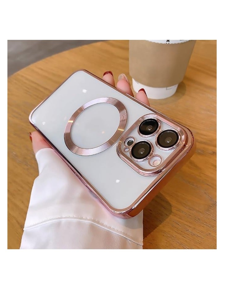 Transparent Magnetic Protection Cover Compatible with MagSafe for iPhone 14 Pro Max Mobile Phone, Anti-Shock and Anti-Scratches, and Camera Lens Protector (Rose gold) by Tin Tech