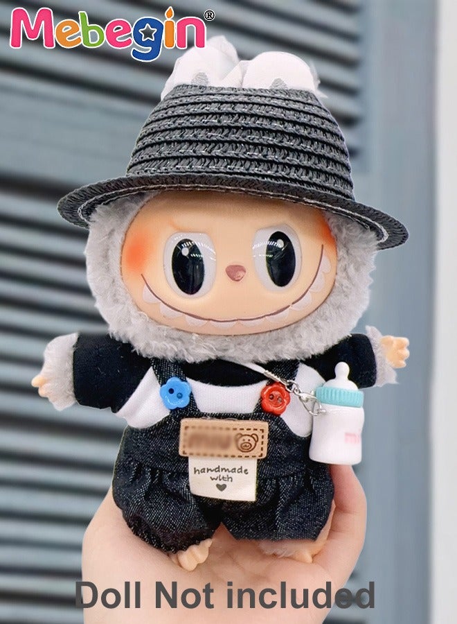 MEBEGIN Labubu Clothes,Overalls for Doll (NO Doll),Black Woven Hat Overalls Set for 17cm Accessories Suit, Cute Clothes for Dress up Unique Style,Adorable Outfit Set for 17cm