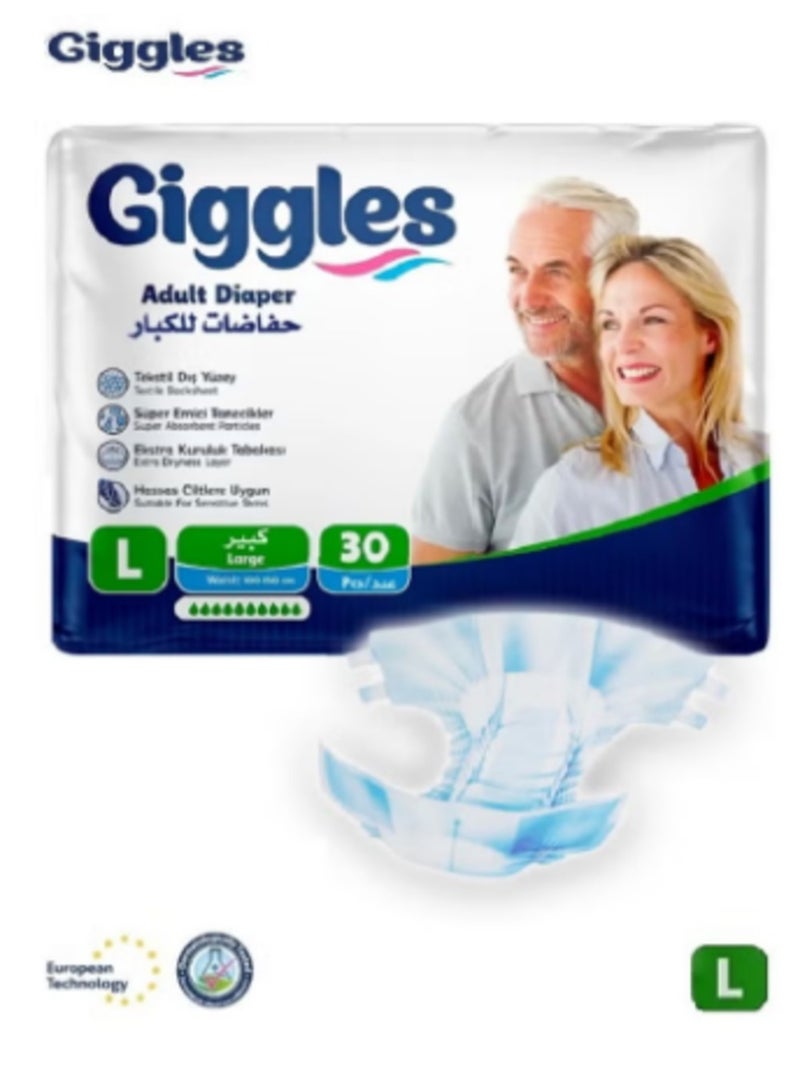 Giggles Adult Diapers, Turkish Made, with Extra Dry Layer and Wetness Indicator, Size Large (30 Diapers) - Image 1