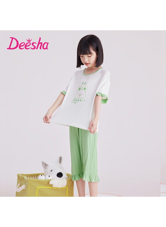 Deesha Girls' Spring Summer Sleepwear 7a Antibacterial Thin Short Sleeve Capri Pants Ice Silk Smooth Children's Homewear - Image 2