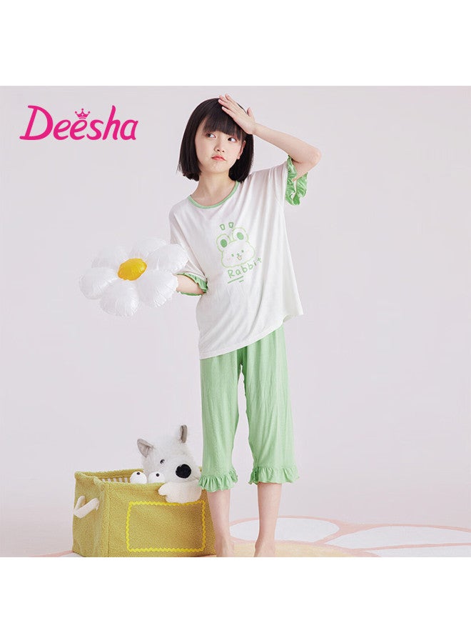 Deesha Girls' Spring Summer Sleepwear 7a Antibacterial Thin Short Sleeve Capri Pants Ice Silk Smooth Children's Homewear - Image 1