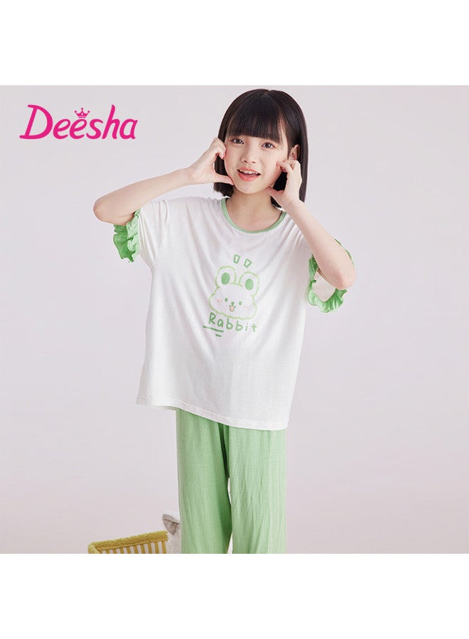 Deesha Girls' Spring Summer Sleepwear 7a Antibacterial Thin Short Sleeve Capri Pants Ice Silk Smooth Children's Homewear - Image 3