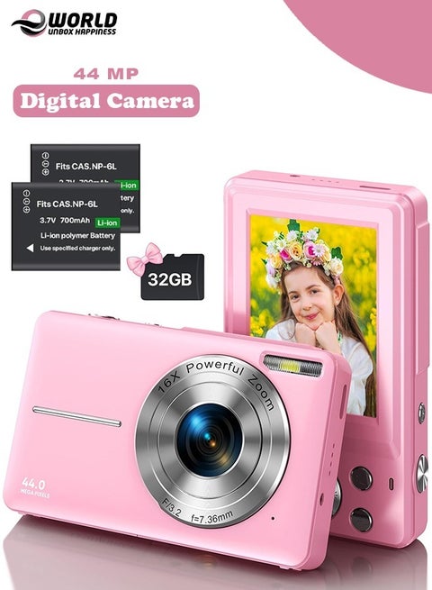 44MP HD Digital Camera with 32GB Card, 2 Batteries, Compact Photo Camera with 1080P Video, 2.4 Inch Screen, 16X Zoom, Anti Shake, Rechargeable Battery for Girls and Boys, Perfect for Kids and Beginners.
