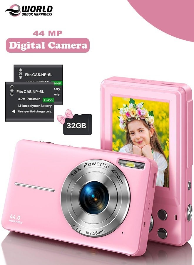 Eworld 44MP HD Digital Camera with 32GB Card, 2 Batteries, Compact Photo Camera with 1080P Video, 2.4 Inch Screen, 16X Zoom, Anti Shake, Rechargeable Battery for Girls and Boys, Perfect for Kids and Beginners. - Image 1