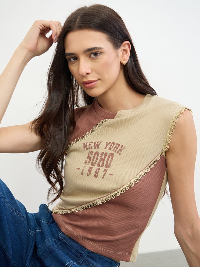 Styli Beige Slogan Print Color Block Tank Top with Lace Trim - Image 1