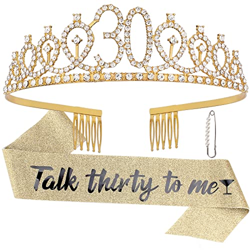 Semato Happy 30th Birthday Sash & Tiara Kit - Gold Rhinestone Tiara & Sash for Women's 30th Birthday Party Decorations - Image 1