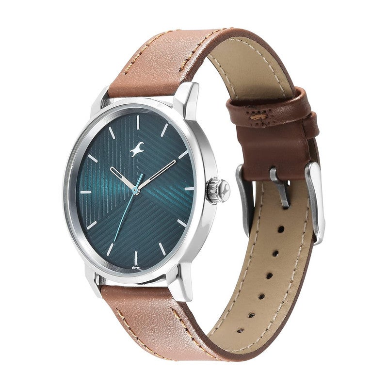 Fastrack Stunners Men Quartz Movement | Textured Peacock Green Dial with Brown Genuine Leather Strap | Durable Silver Case Design - 3278SL03 - Image 3