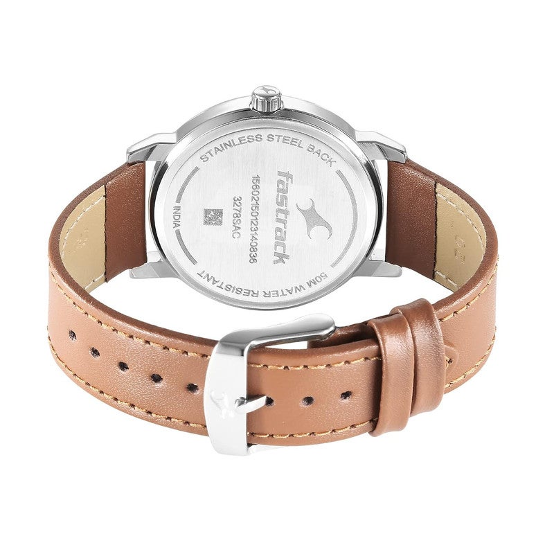 Fastrack Stunners Men Quartz Movement | Textured Peacock Green Dial with Brown Genuine Leather Strap | Durable Silver Case Design - 3278SL03 - Image 5