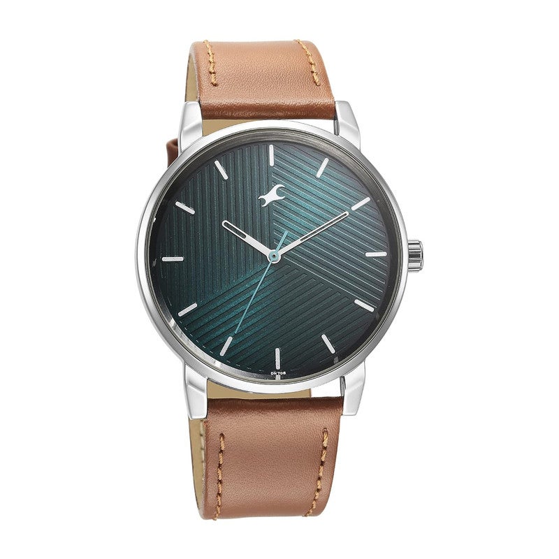 Fastrack Stunners Men Quartz Movement | Textured Peacock Green Dial with Brown Genuine Leather Strap | Durable Silver Case Design - 3278SL03 - Image 4