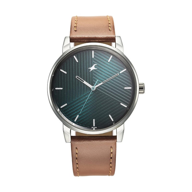 Fastrack Stunners Men Quartz Movement | Textured Peacock Green Dial with Brown Genuine Leather Strap | Durable Silver Case Design - 3278SL03 - Image 1