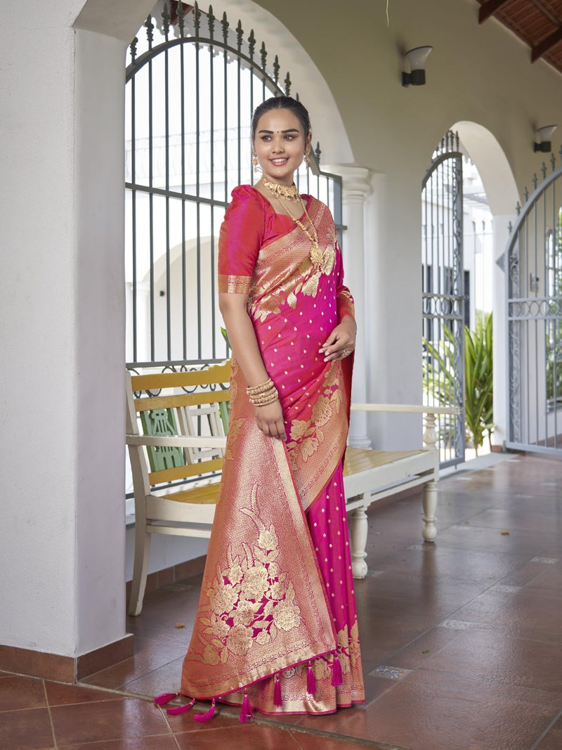 MANOHARI Womens Most Trendy Banarasi Woven Pink Saree With Heavy Jacquard Work Saree With Blouse Piece - Image 5