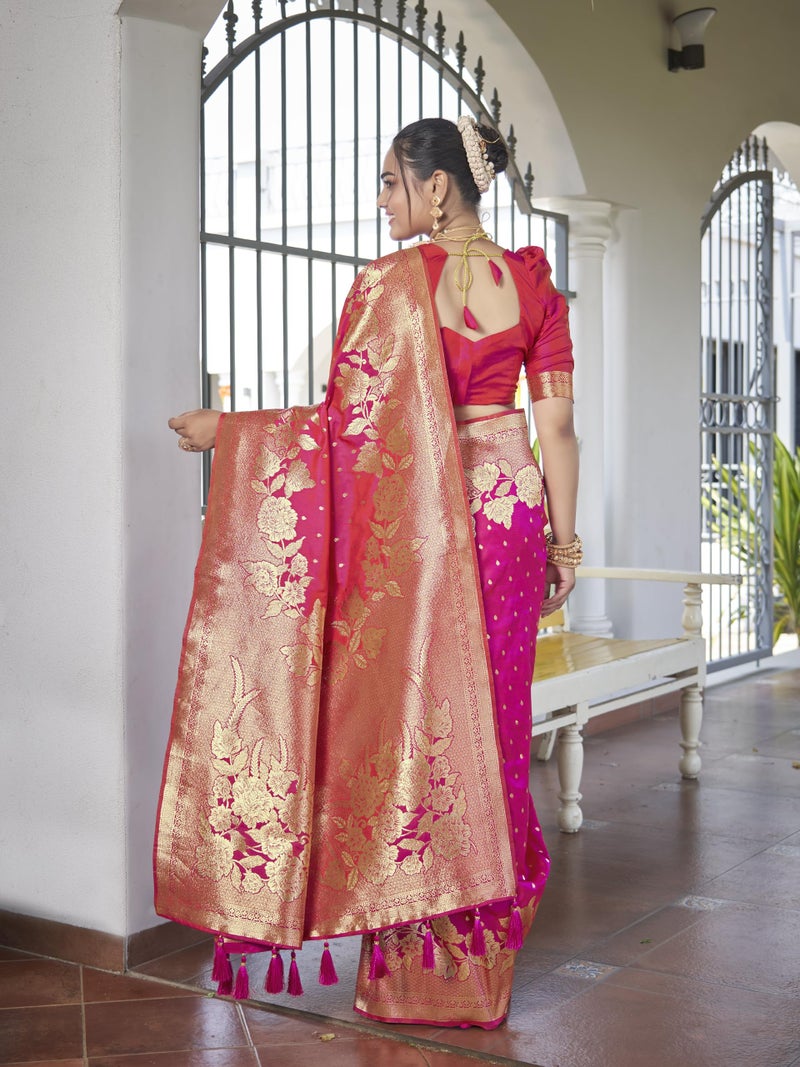 MANOHARI Womens Most Trendy Banarasi Woven Pink Saree With Heavy Jacquard Work Saree With Blouse Piece - Image 4