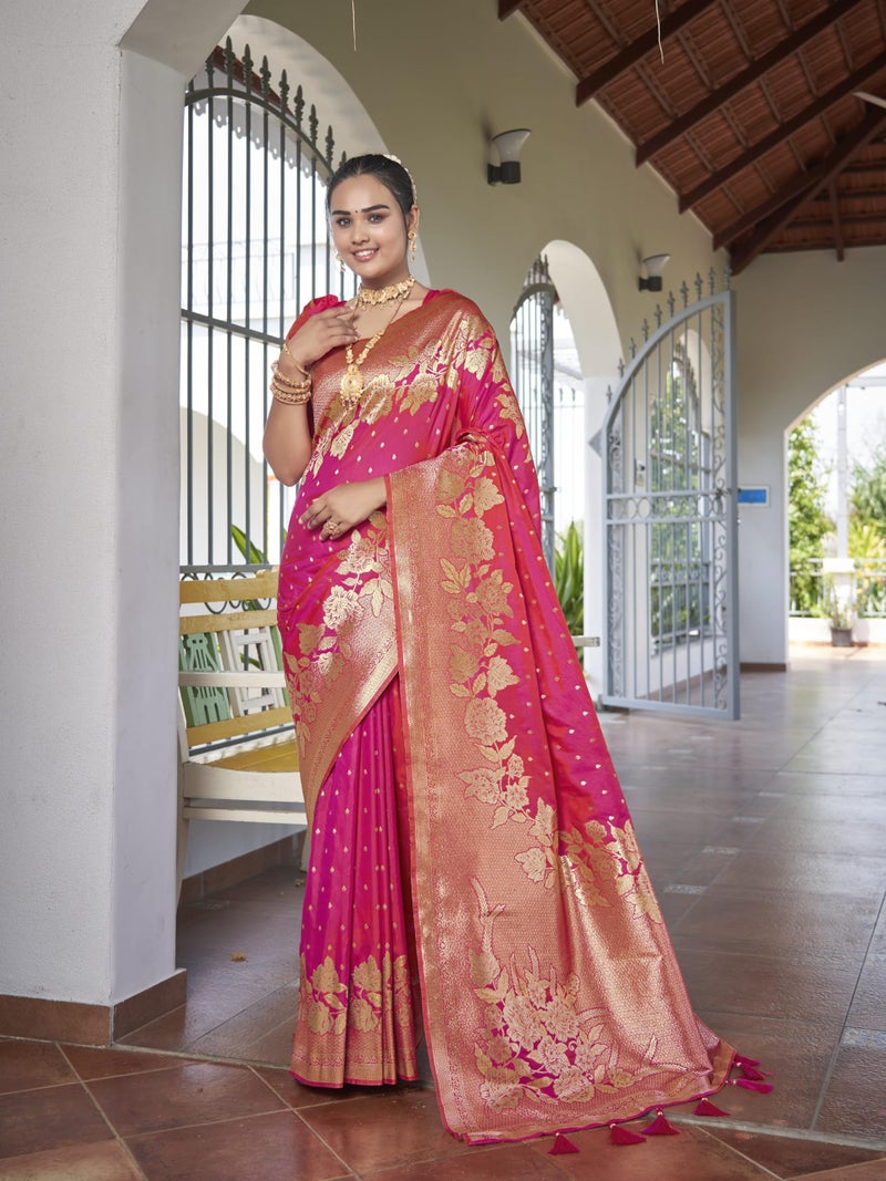 MANOHARI Womens Most Trendy Banarasi Woven Pink Saree With Heavy Jacquard Work Saree With Blouse Piece - Image 2