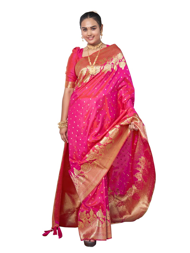 MANOHARI Womens Most Trendy Banarasi Woven Pink Saree With Heavy Jacquard Work Saree With Blouse Piece - Image 1