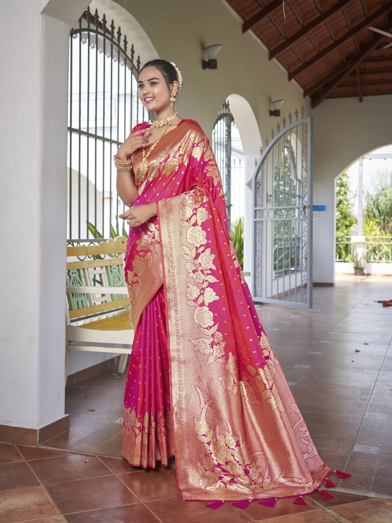 MANOHARI Womens Most Trendy Banarasi Woven Pink Saree With Heavy Jacquard Work Saree With Blouse Piece - Image 3