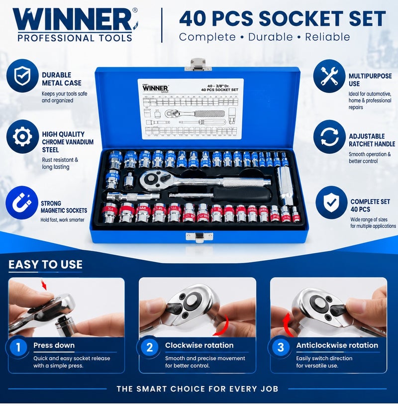 وينر طقم مفاتيح ربط ومقابس (Sockets) مكون من 40 قطعة بمقاسات 1/4 و3/8 بوصة (CRV40) - طقم احترافي يضم مقبض سقاطة (Ratchet) ومقابس من فولاذ الكروم والفاناديوم - طقم مقاسات مترية مناسب لإصلاح السيارات وأعمال المرآب والورش والمشاريع المنزلية (DIY). - Image 4