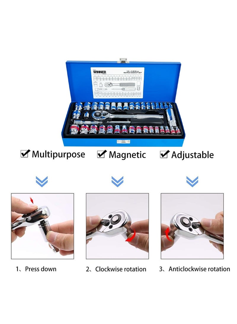 وينر طقم مفاتيح ربط ومقابس (Sockets) مكون من 40 قطعة بمقاسات 1/4 و3/8 بوصة (CRV40) - طقم احترافي يضم مقبض سقاطة (Ratchet) ومقابس من فولاذ الكروم والفاناديوم - طقم مقاسات مترية مناسب لإصلاح السيارات وأعمال المرآب والورش والمشاريع المنزلية (DIY). - Image 2
