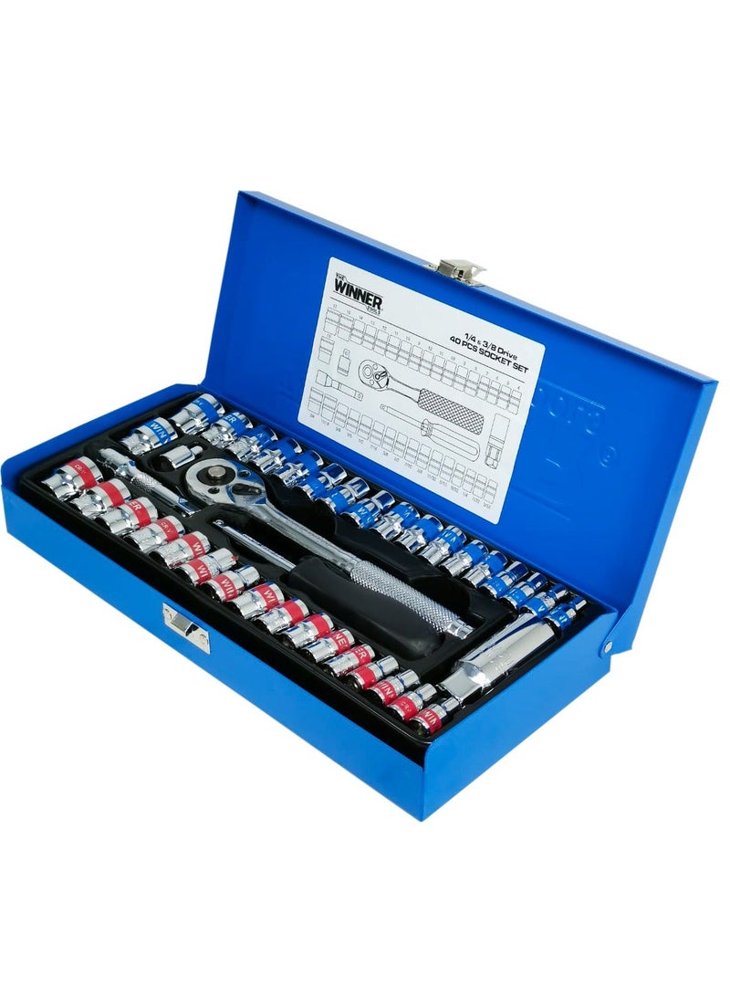 وينر طقم مفاتيح ربط ومقابس (Sockets) مكون من 40 قطعة بمقاسات 1/4 و3/8 بوصة (CRV40) - طقم احترافي يضم مقبض سقاطة (Ratchet) ومقابس من فولاذ الكروم والفاناديوم - طقم مقاسات مترية مناسب لإصلاح السيارات وأعمال المرآب والورش والمشاريع المنزلية (DIY). - Image 3