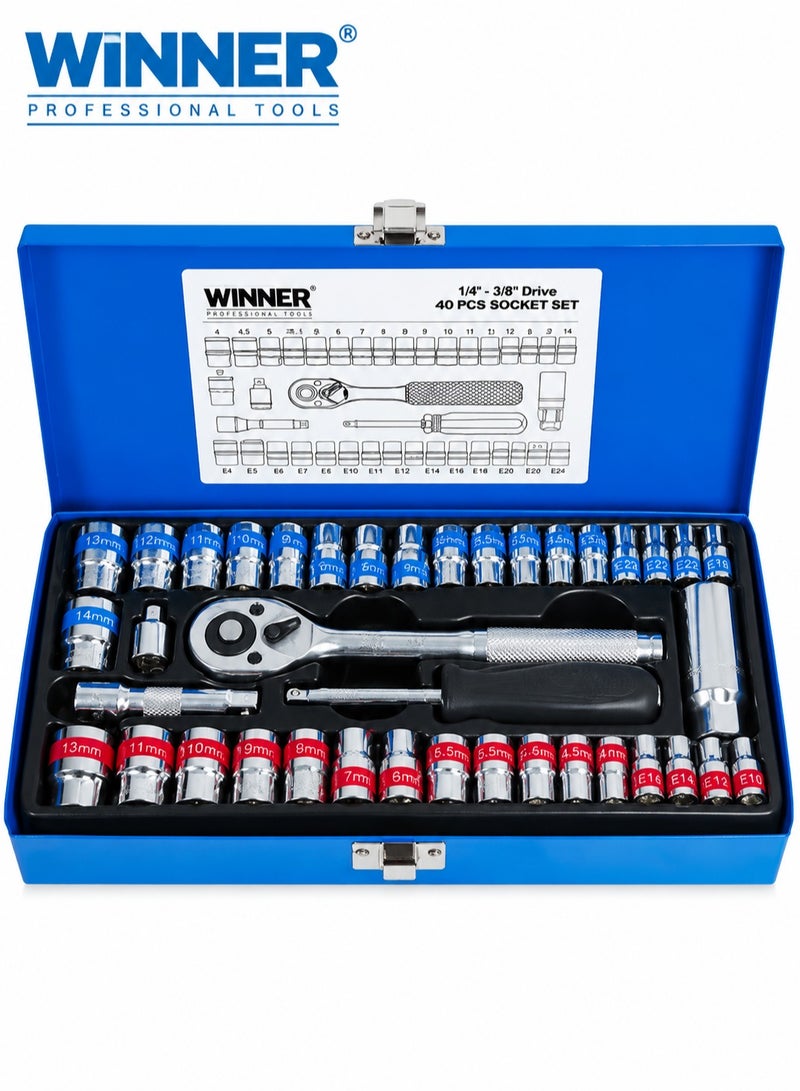 وينر طقم مفاتيح ربط ومقابس (Sockets) مكون من 40 قطعة بمقاسات 1/4 و3/8 بوصة (CRV40) - طقم احترافي يضم مقبض سقاطة (Ratchet) ومقابس من فولاذ الكروم والفاناديوم - طقم مقاسات مترية مناسب لإصلاح السيارات وأعمال المرآب والورش والمشاريع المنزلية (DIY). - Image 1