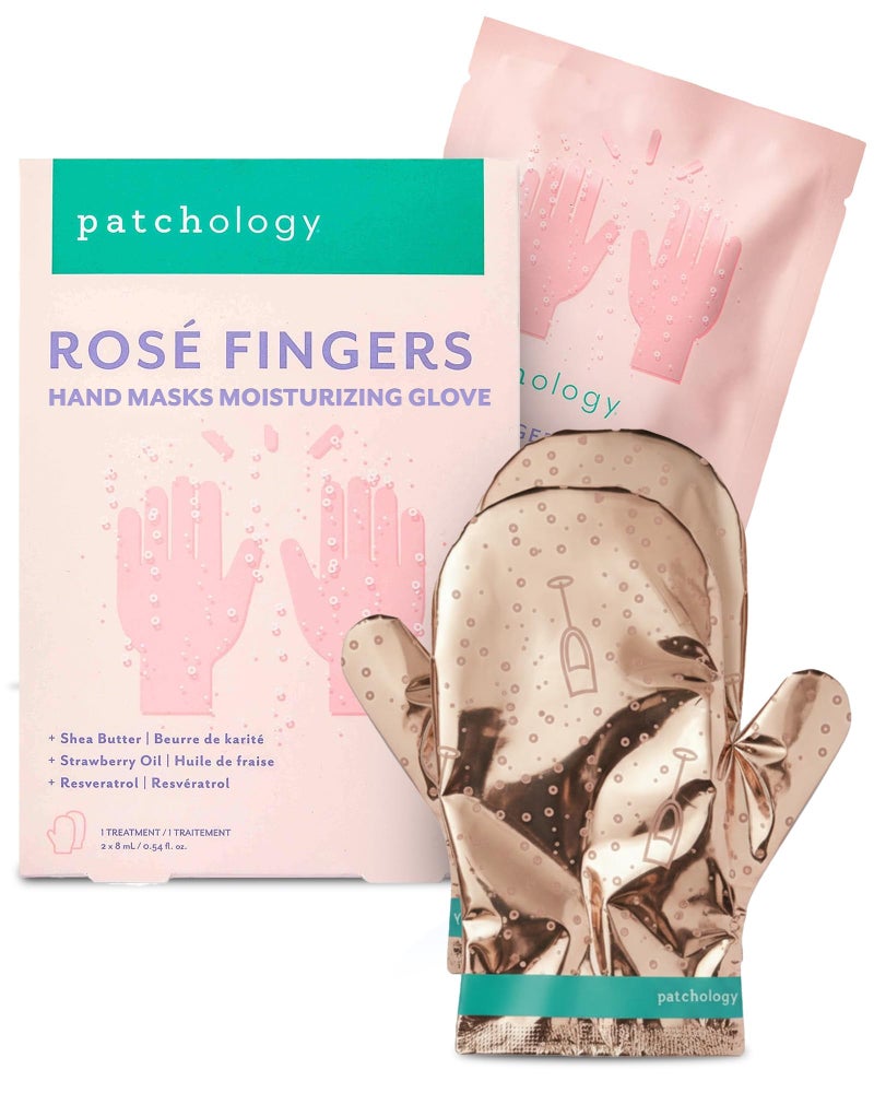 Patchology RosÃ© Fingers Renewing Hand Mask - Strawberry-Scented Moisturizing Gloves with Shea Butter for Dry & Cracked Hands, Repairing Hand Treatment for Baby Soft Skin, Self-Care Essential - 1 Pair - Image 1