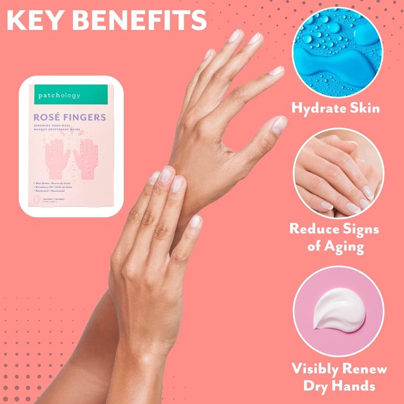 Patchology RosÃ© Fingers Renewing Hand Mask - Strawberry-Scented Moisturizing Gloves with Shea Butter for Dry & Cracked Hands, Repairing Hand Treatment for Baby Soft Skin, Self-Care Essential - 1 Pair - Image 5