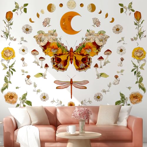 VePret Boho Flowers Butterfly Wall Decals Peel and Stick, Sun and Moon Vinyl Wall Decor, Removable Room Home House Wall Stickers & Murals for Bedroom Living Room Bathroom Office - Image 5