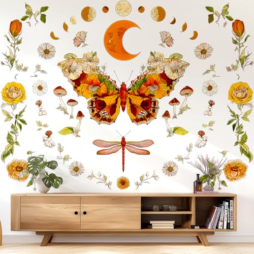 VePret Boho Flowers Butterfly Wall Decals Peel and Stick, Sun and Moon Vinyl Wall Decor, Removable Room Home House Wall Stickers & Murals for Bedroom Living Room Bathroom Office - Image 3