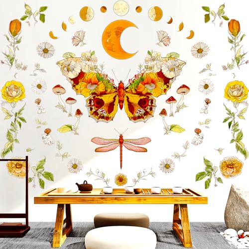 VePret Boho Flowers Butterfly Wall Decals Peel and Stick, Sun and Moon Vinyl Wall Decor, Removable Room Home House Wall Stickers & Murals for Bedroom Living Room Bathroom Office - Image 1