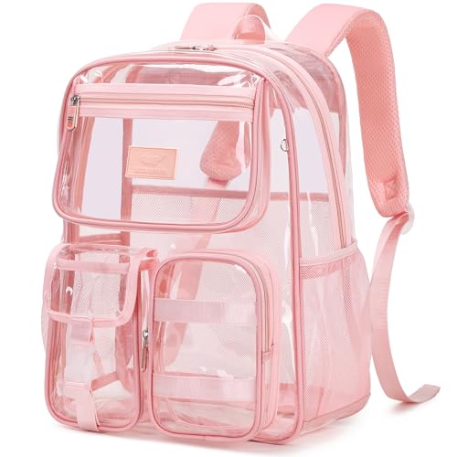 LXYGD Clear Backpack for School Stadium Approved Transparent Heavy Duty See Through College Bookbag Travel Work Daypack Security for Teens Girls Women Students Pink - Image 1