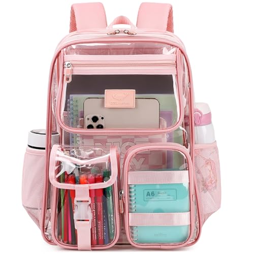 LXYGD Clear Backpack for School Stadium Approved Transparent Heavy Duty See Through College Bookbag Travel Work Daypack Security for Teens Girls Women Students Pink - Image 3