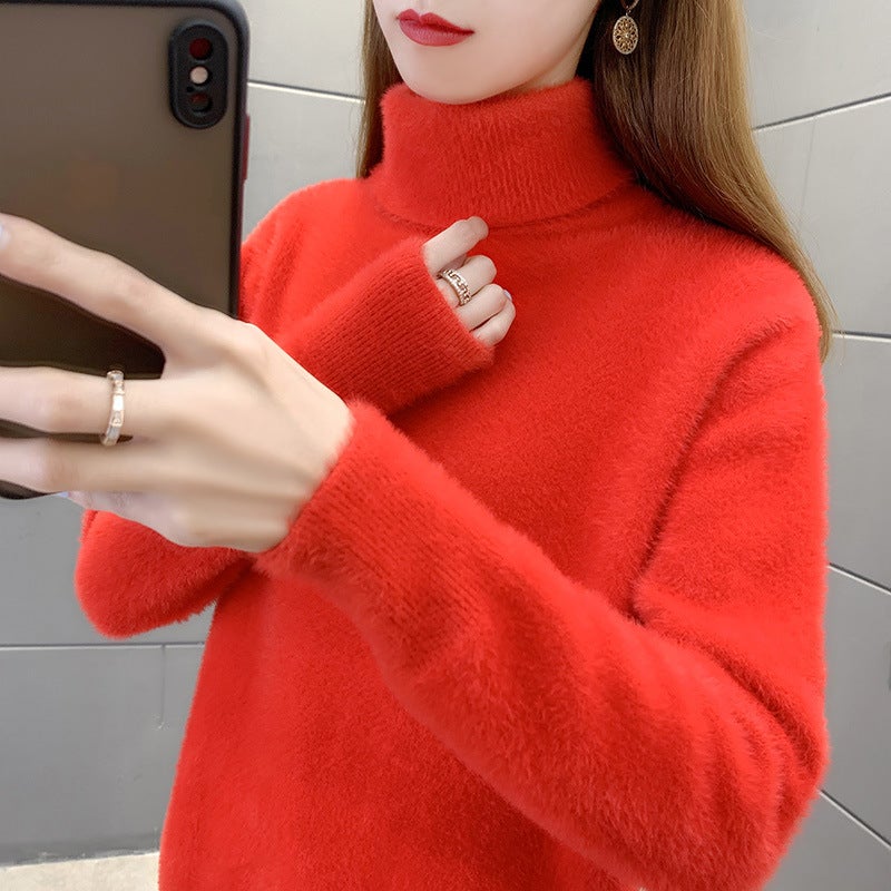 Womens turtleneck sweater 2024 autumn and winter New thickened mink velvet undershirt pullover loose sweater 1408 Red - Image 1