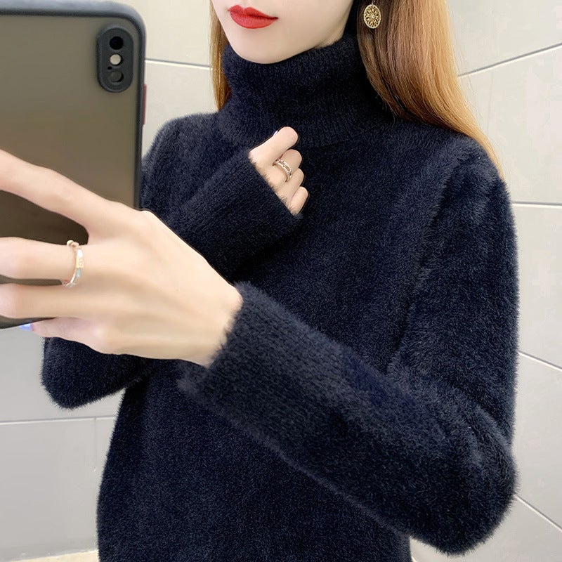 Womens turtleneck sweater 2024 autumn and winter New thickened mink velvet undershirt pullover loose sweater 1408 Red - Image 3