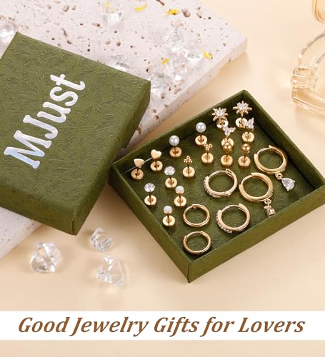 MJust Hypoallergenic Stainless Steel Stud Earrings for Women & Men - 11 Pairs Flat Back Stud & Hoop Earrings for Sensitive Ears - Surgical Steel earring set for Multiple Piercings(Golden) - Image 4