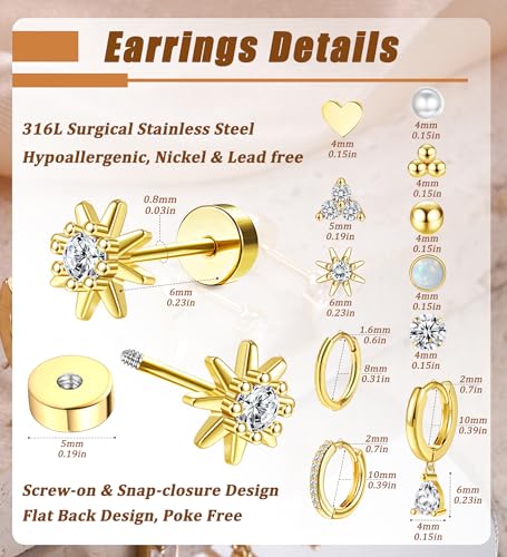 MJust Hypoallergenic Stainless Steel Stud Earrings for Women & Men - 11 Pairs Flat Back Stud & Hoop Earrings for Sensitive Ears - Surgical Steel earring set for Multiple Piercings(Golden) - Image 2