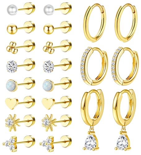 MJust Hypoallergenic Stainless Steel Stud Earrings for Women & Men - 11 Pairs Flat Back Stud & Hoop Earrings for Sensitive Ears - Surgical Steel earring set for Multiple Piercings(Golden) - Image 1