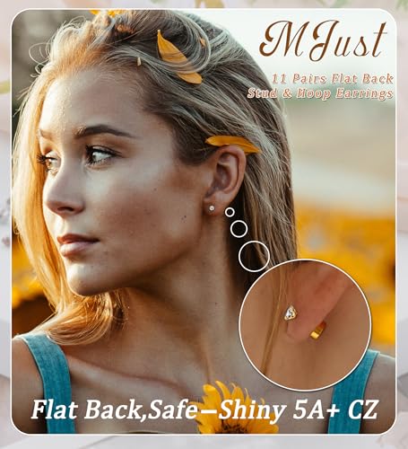 MJust Hypoallergenic Stainless Steel Stud Earrings for Women & Men - 11 Pairs Flat Back Stud & Hoop Earrings for Sensitive Ears - Surgical Steel earring set for Multiple Piercings(Golden) - Image 3