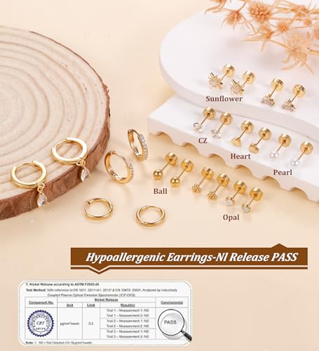 MJust Hypoallergenic Stainless Steel Stud Earrings for Women & Men - 11 Pairs Flat Back Stud & Hoop Earrings for Sensitive Ears - Surgical Steel earring set for Multiple Piercings(Golden) - Image 5