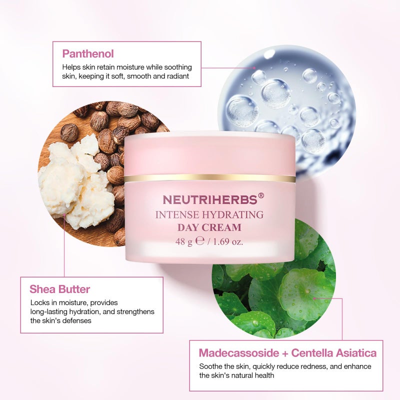 NEUTRIHERBS كريم نهاري مرطب مكثف من نيوترهيربز، مرطب للوجه مع حمض الهيالورونيك، زبدة الشيا، سنتيلا، يهدئ ويغذي ويرطب البشرة، كريم وجه خفيف للبشرة الجافة أو الحساسة - 1.69 أونصة - Image 3
