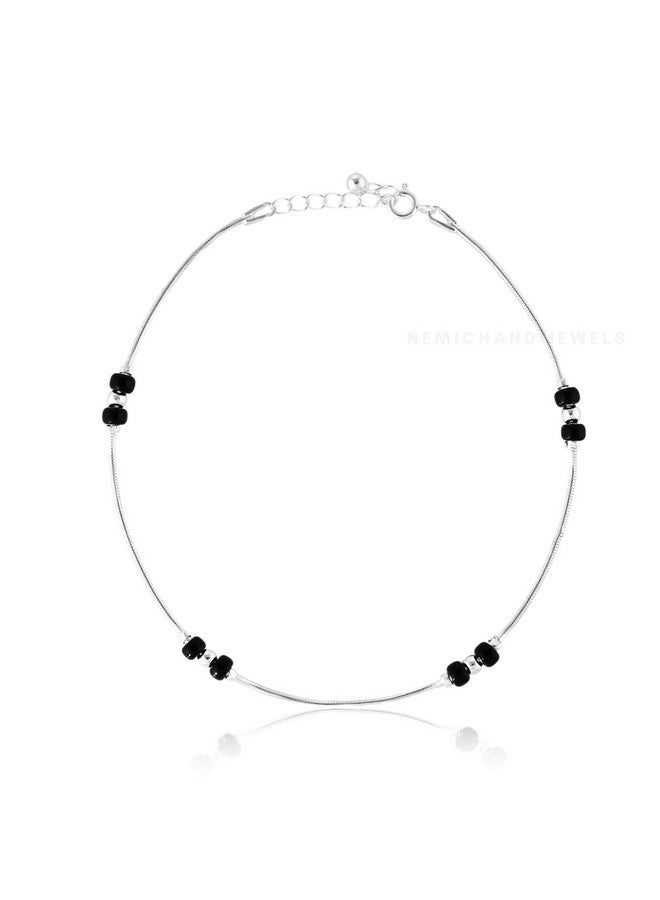NEMICHAND JEWELS Pure Silver 925 Black Bead Nazariya Snake Anklet Payal For Women with Certificate (Silver, White, Single Piece) - Image 1