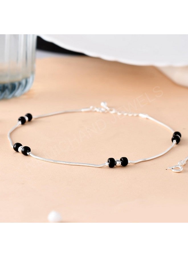 NEMICHAND JEWELS Pure Silver 925 Black Bead Nazariya Snake Anklet Payal For Women with Certificate (Silver, White, Single Piece) - Image 2