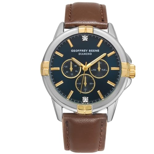 Geoffrey Beene Men's Silver Decorative Subdials Vegan Leather Dress Watch, Genuine Diamond Accent Dial, Classic Quartz, Date, Elegant Design (Brown) - Image 1
