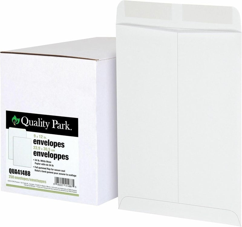 Quality Park 9 x 12 White Envelopes with Deeply Gummed Flaps, Great for Filing, Storing or Mailing Documents, 24 lb heavyweight envelope stock, 250 per Box (QUA41488) - Image 1