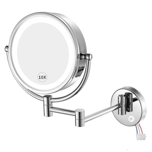GURUN Wall Mounted Hardwired Makeup Mirror with 3 Tones Dimmable LED Lights 10x Magnifying Mirror with Touch Control for Bathroom Bedroom 13" Extendable Arm Direct Wire M1809D-T(10x,Chrome) - Image 1