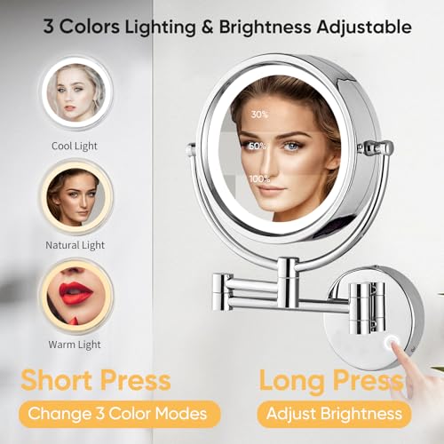 GURUN Wall Mounted Hardwired Makeup Mirror with 3 Tones Dimmable LED Lights 10x Magnifying Mirror with Touch Control for Bathroom Bedroom 13" Extendable Arm Direct Wire M1809D-T(10x,Chrome) - Image 2