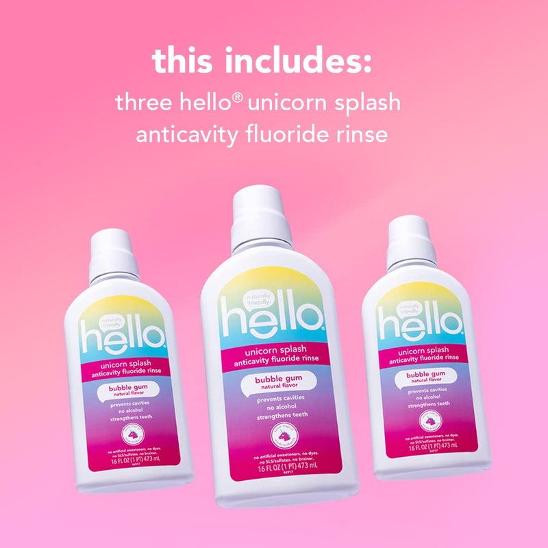 Hello Kids Mouthwash with Unicorn Bubble Gum Flavor, Alcohol Free Mouthwash for Kids with Fluoride, Safe for Ages 6 and Up, Anticavity, Vegan, No Alcohol, No Dyes, 16 Oz Bottles (Pack of 3) - Image 3