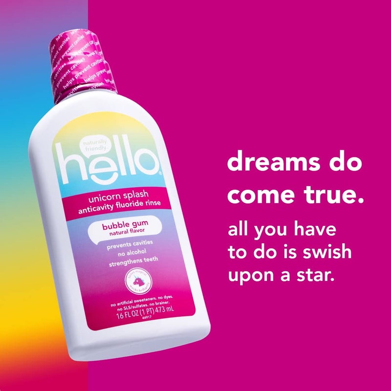 Hello Kids Mouthwash with Unicorn Bubble Gum Flavor, Alcohol Free Mouthwash for Kids with Fluoride, Safe for Ages 6 and Up, Anticavity, Vegan, No Alcohol, No Dyes, 16 Oz Bottles (Pack of 3) - Image 2