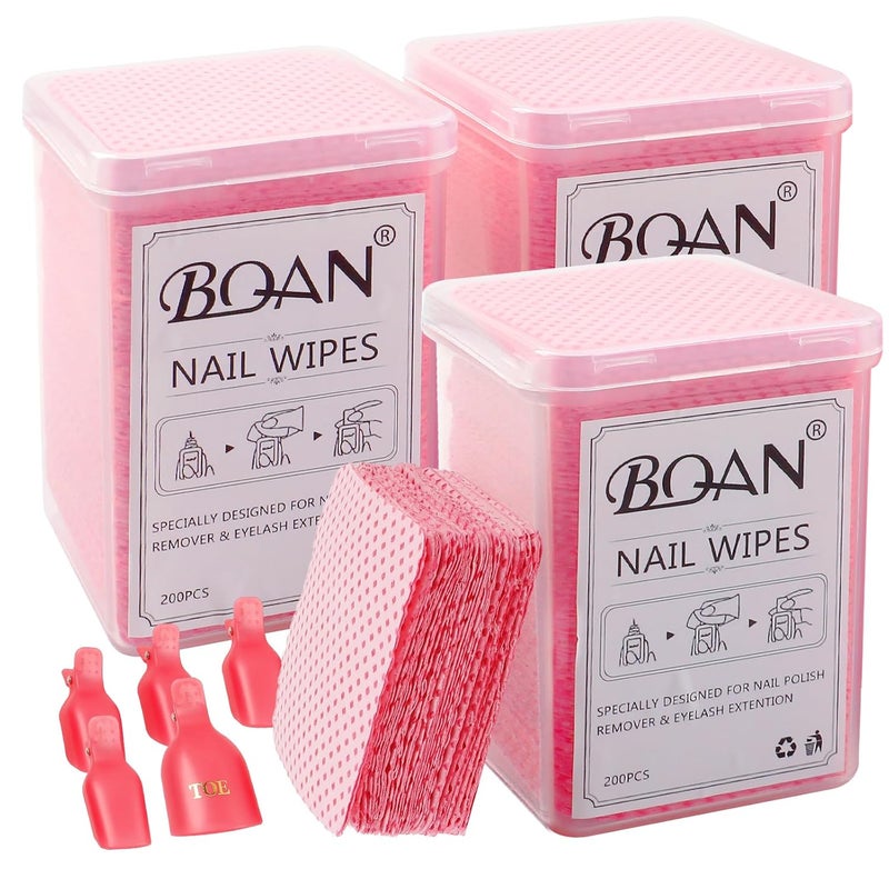 BQAN Lint Free Nail Wipes - 600PCS Cleaning Wipes for Nail Polish & Gel Removal, Nail Tech Supplies with 5PCS Nail Dipping Clips (Pink)