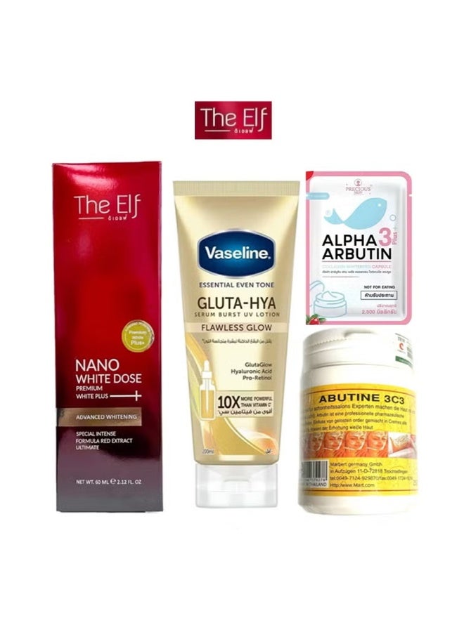 The Elf Whitening Set Nano White Dose Serum ,GLUTA-HYA Flawless Glow & Alpha Arbutin Capsules and Abutine 3C3 Cream